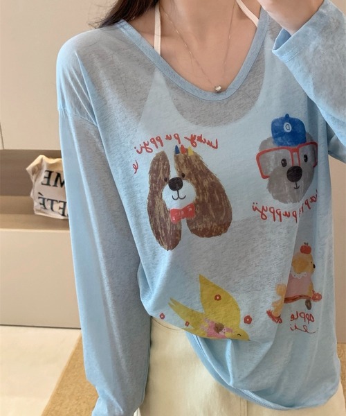SHOUYO（ショウヨウ）の「かわいい熊プリント薄手プルオーバー（Tシャツ/カットソー・レディース・ブルー/ホワイト/ピンク・M）」の17枚目の写真