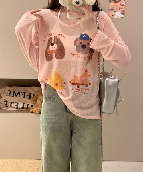 SHOUYO（ショウヨウ）の「かわいい熊プリント薄手プルオーバー（Tシャツ/カットソー・レディース・ブルー/ホワイト/ピンク・M）」の22枚目の写真
