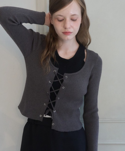 Birthday room(バースデイルーム)の「ホルターネックレースアップニット/ Halter-neck lace-up knit top(ニット/セーター・レディース・ブラック/グレー・FREE)」の1枚目の写真