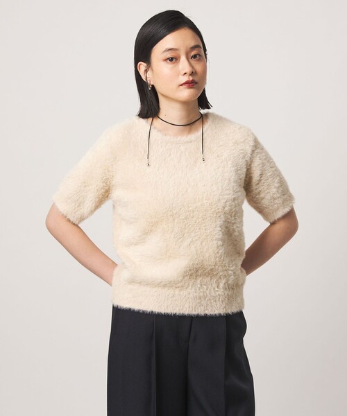 A DAY IN THE LIFE UNITED ARROWS(アデイインザライフユナイテッドアローズ)の「フェザー クルーネック ショートスリーブニット-ウォッシャブル- <A DAY IN THE LIFE>(ニット/セーター・レディース・ナチュラル/モカ/ダークグレー・FREE)」の1枚目の写真