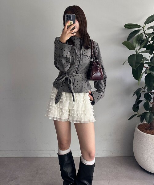 CIAOPANIC（チャオパニック）の「ドット柄スタンドネックベルトシャツジャケット（シャツ/ブラウス・レディース・ネイビー/グレー/ピンク・ONE SIZE）」の5枚目の写真