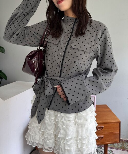 CIAOPANIC（チャオパニック）の「ドット柄スタンドネックベルトシャツジャケット（シャツ/ブラウス・レディース・ネイビー/グレー/ピンク・ONE SIZE）」の7枚目の写真