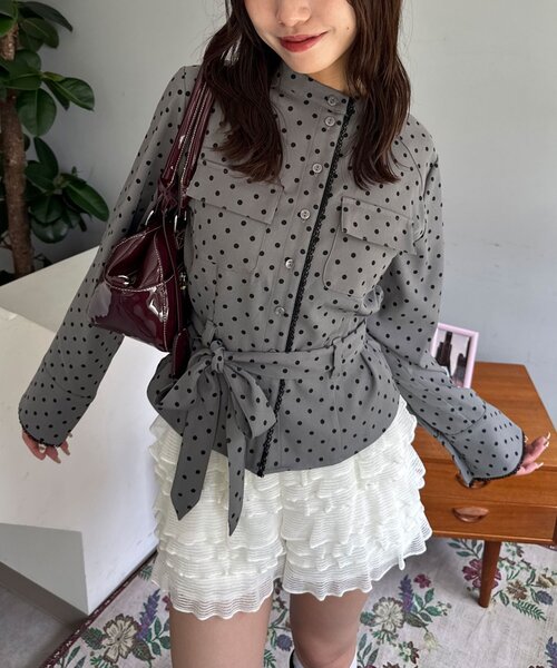 CIAOPANIC（チャオパニック）の「ドット柄スタンドネックベルトシャツジャケット（シャツ/ブラウス・レディース・ネイビー/グレー/ピンク・ONE SIZE）」の8枚目の写真