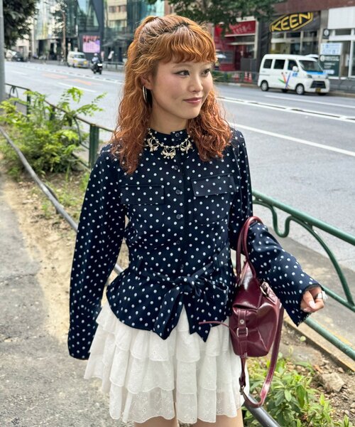 CIAOPANIC（チャオパニック）の「ドット柄スタンドネックベルトシャツジャケット（シャツ/ブラウス・レディース・ネイビー/グレー/ピンク・ONE SIZE）」の15枚目の写真