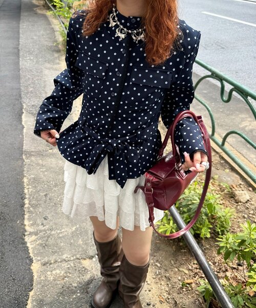 CIAOPANIC（チャオパニック）の「ドット柄スタンドネックベルトシャツジャケット（シャツ/ブラウス・レディース・ネイビー/グレー/ピンク・ONE SIZE）」の18枚目の写真