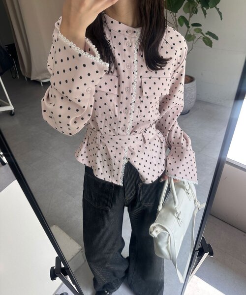 CIAOPANIC（チャオパニック）の「ドット柄スタンドネックベルトシャツジャケット（シャツ/ブラウス・レディース・ネイビー/グレー/ピンク・ONE SIZE）」の22枚目の写真