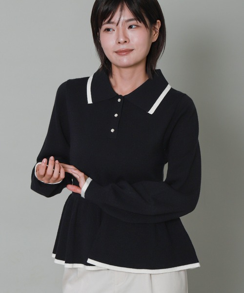 libelle more（リベル モア）の「配色ラインペプラムポロニット（ニット/セーター・レディース・杢グレー/ブラック/アイボリー/ブルーグレー・M）」の3枚目の写真