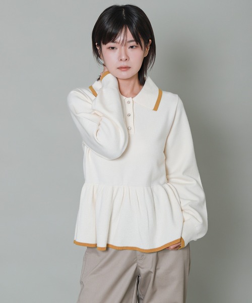 libelle more（リベル モア）の「配色ラインペプラムポロニット（ニット/セーター・レディース・杢グレー/ブラック/アイボリー/ブルーグレー・M）」の9枚目の写真