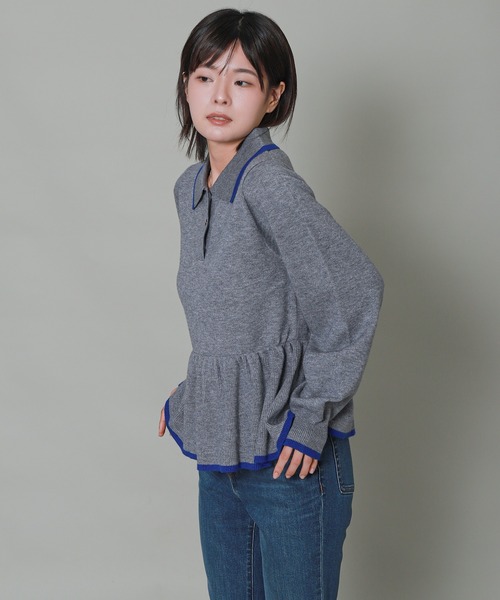 libelle more（リベル モア）の「配色ラインペプラムポロニット（ニット/セーター・レディース・杢グレー/ブラック/アイボリー/ブルーグレー・M）」の22枚目の写真