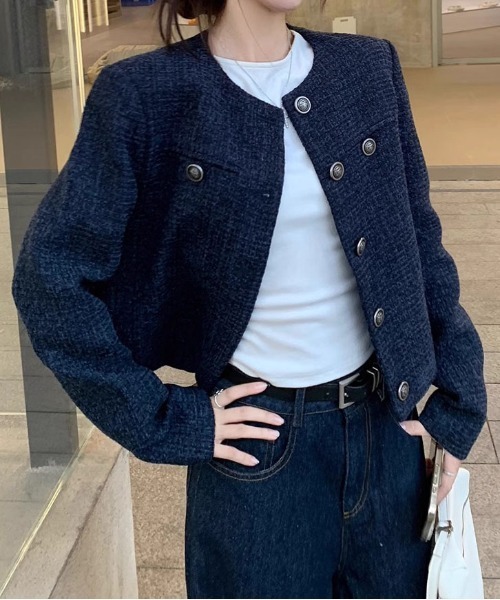 &soiree(アンドソワレ)の「ノーカラーツイードライクジャケット(ノーカラージャケット・レディース・ネイビー・MEDIUM/LARGE/X-LARGE)」の1枚目の写真