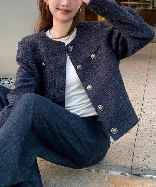 &soiree(アンドソワレ)の「ノーカラーツイードライクジャケット(ノーカラージャケット・レディース・ネイビー・MEDIUM/LARGE/X-LARGE)」の3枚目の写真