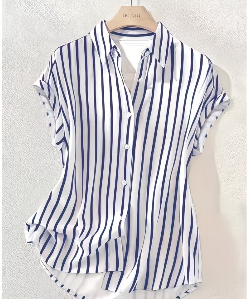 HONKY TONK(ホンキートンク)の「フレンチスリーブ ストライプシャツブラウス(シャツ/ブラウス・レディース・ネイビー×ホワイト・FREE)」の1枚目の写真