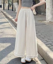 裾切り替えギャザーフリルワイドパンツ