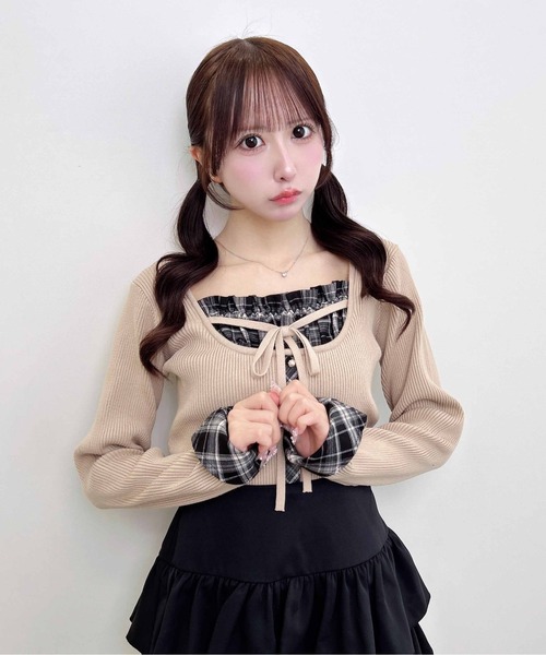 INGNI（イング）の「異素材ドッキングフロントリボンニット（ニット/セーター・レディース・ホワイト系8/ベージュ系8/ブラック系9・M）」の3枚目の写真