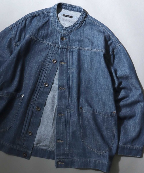 ANPAS(アンパス)の「Light-Ounce Denim Collarless Jacket / ライトオンス デニム ノーカラージャケット カバーオール ライトアウター メンズ レディース 秋冬 デニムジャケット Gジャン(ノーカラージャケット・メンズ・ネイビー/ブルー・L/M/LL)」の2枚目の写真