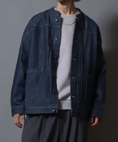 ANPAS(アンパス)の「Light-Ounce Denim Collarless Jacket / ライトオンス デニム ノーカラージャケット カバーオール ライトアウター メンズ レディース 秋冬 デニムジャケット Gジャン(ノーカラージャケット・メンズ・ネイビー/ブルー・L/M/LL)」の12枚目の写真
