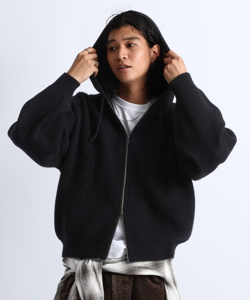 RAGEBLUE(レイジブルー)の「RIBBED KNIT ZIP HOODIE/リブニットZIPパーカー(ニット/セーター・メンズ・ブラック/グレー・MEDIUM/LARGE)」の1枚目の写真
