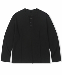 ヘンリーネックワッフルロングスリーブTシャツ ブラック