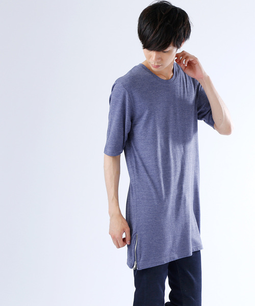 MONO-MART（モノマート）の「裾サイドZIP Uネックロング丈カットソー(1/2スリーブ)（Tシャツ/カットソー・メンズ・ピンク/チャコール/オフホワイト/グレー/グリーン系その他/ネイビー/ブルー系その他/アイボリー/ブラック/ライトブルー・FREE）」の9枚目の写真