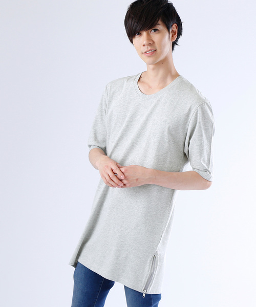 MONO-MART（モノマート）の「裾サイドZIP Uネックロング丈カットソー(1/2スリーブ)（Tシャツ/カットソー・メンズ・ピンク/チャコール/オフホワイト/グレー/グリーン系その他/ネイビー/ブルー系その他/アイボリー/ブラック/ライトブルー・FREE）」の5枚目の写真