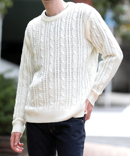 Denime(ドゥニーム)の「ケーブル編みクルーネックニット(ニット/セーター・メンズ・ホワイト/ブラック/グレー/ベージュ/ダークグリーン/オレンジ・SMALL/MEDIUM/LARGE/X-LARGE/XX-LARGE)」の9枚目の写真