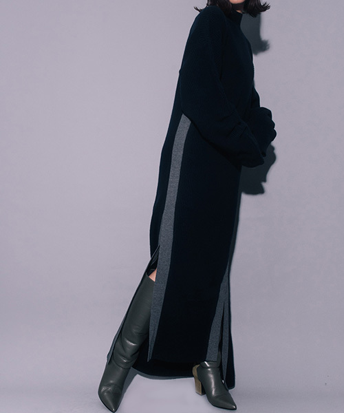 STUDIOUS HIGH(ストゥディオスハイ)の「アシメサイドラインニットワンピース(ワンピース・レディース・グレー/ネイビー・1)」の3枚目の写真