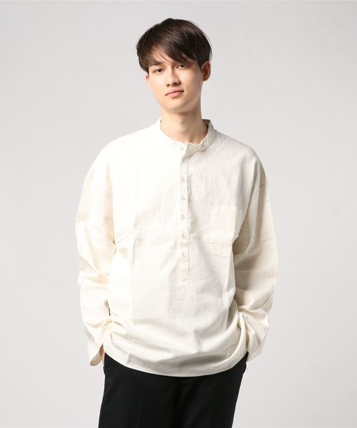 EEL（イール）の「EEL / イール　別注 チャコールヘンリー コットンリネン（シャツ/ブラウス・レディース・ホワイト/ネイビー・M/L/XS）」の2枚目の写真