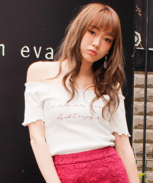 LIPSERVICE(リップサービス)の「メッセージオフショルリブTシャツ(Tシャツ/カットソー・レディース・ホワイト/ブラック/ピンク・FREE)」の2枚目の写真