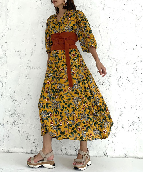 Ciel Air シェルエアー ベルト付き花柄マキシロング半袖ワンピース ワンピース Ciel Air シエルエアー のファッション通販 Zozotown