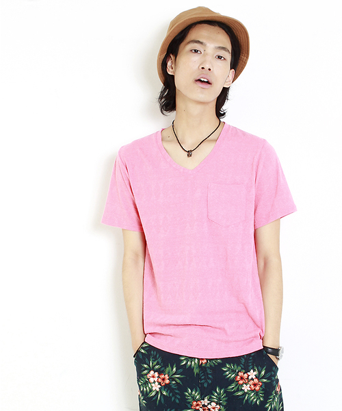 WEGO(ウィゴー)の「WEGO/ジャガードVネックTシャツ(Tシャツ/カットソー・メンズ・ネイビー/ライトピンク/ダークグレー/サックスブルー・LARGE/MEDIUM)」の4枚目の写真