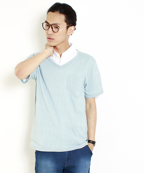 WEGO(ウィゴー)の「WEGO/ジャガードVネックTシャツ(Tシャツ/カットソー・メンズ・ネイビー/ライトピンク/ダークグレー/サックスブルー・LARGE/MEDIUM)」の3枚目の写真