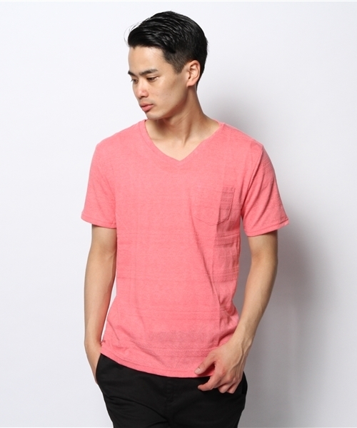 WEGO(ウィゴー)の「WEGO/ジャガードVネックTシャツ(Tシャツ/カットソー・メンズ・ネイビー/ライトピンク/ダークグレー/サックスブルー・LARGE/MEDIUM)」の15枚目の写真