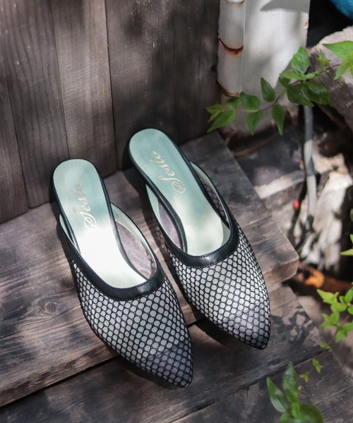 SESTO（セスト）の「ポインテッドトゥウエッジメッシュシアーミュールサンダル（サンダル・レディース・ブラック/ベージュ・L/S/3L/LL/M）」の2枚目の写真