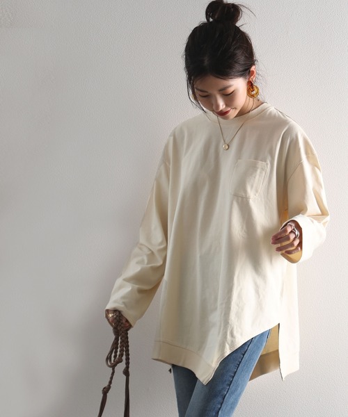 classicalelf（クラシカルエルフ）の「アシンメトリー・ビッグシルエットクルーネック無地ロングカットソー(長袖)（Tシャツ/カットソー・レディース・ホワイト/ブラック/ベージュ/ブラウン/グレイッシュブルー/モスグリーン・MEDIUM/LARGE/X-LARGE/XX-LARGE）」の5枚目の写真