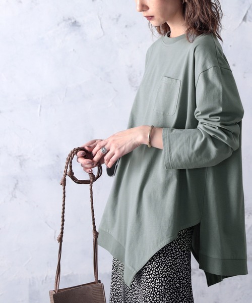 classicalelf（クラシカルエルフ）の「アシンメトリー・ビッグシルエットクルーネック無地ロングカットソー(長袖)（Tシャツ/カットソー・レディース・ホワイト/ブラック/ベージュ/ブラウン/グレイッシュブルー/モスグリーン・MEDIUM/LARGE/X-LARGE/XX-LARGE）」の11枚目の写真