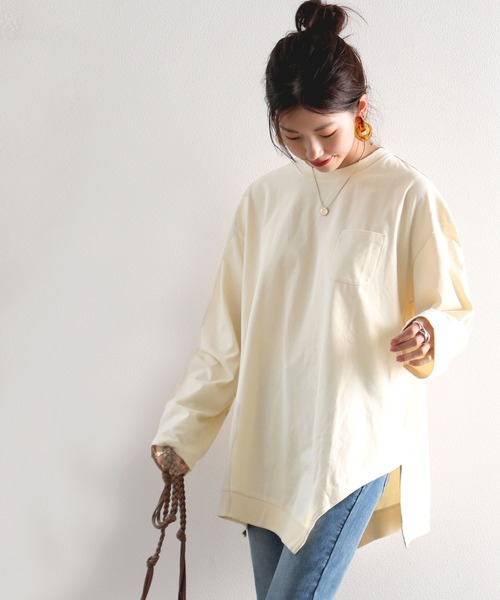 classicalelf（クラシカルエルフ）の「アシンメトリー・ビッグシルエットクルーネック無地ロングカットソー(長袖)（Tシャツ/カットソー・レディース・ホワイト/ブラック/ベージュ/ブラウン/グレイッシュブルー/モスグリーン・MEDIUM/LARGE/X-LARGE/XX-LARGE）」の10枚目の写真