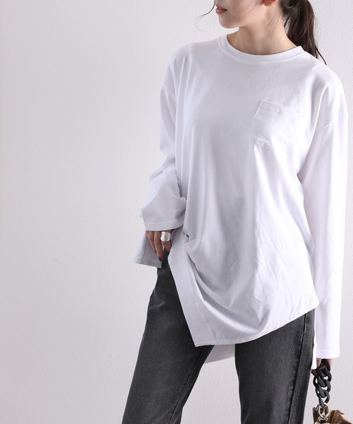 classicalelf（クラシカルエルフ）の「アシンメトリー・ビッグシルエットクルーネック無地ロングカットソー(長袖)（Tシャツ/カットソー・レディース・ホワイト/ブラック/ベージュ/ブラウン/グレイッシュブルー/モスグリーン・MEDIUM/LARGE/X-LARGE/XX-LARGE）」の7枚目の写真