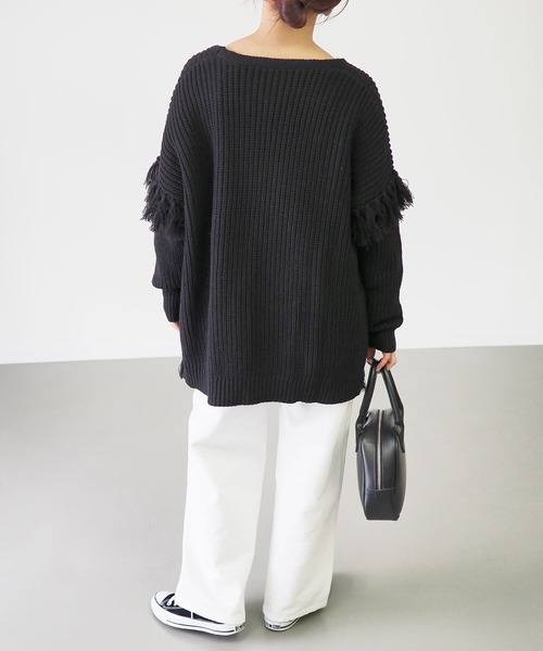 Riberry（リベリー）の「フリンジ使いカーデ（ニット/セーター・レディース・オフホワイト/ブラック/チャコールグレー/ベージュ/カーキ・MEDIUM）」の20枚目の写真