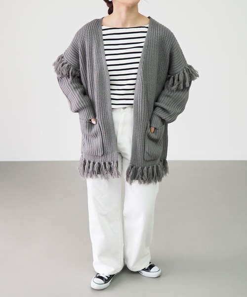 Riberry（リベリー）の「フリンジ使いカーデ（ニット/セーター・レディース・オフホワイト/ブラック/チャコールグレー/ベージュ/カーキ・MEDIUM）」の17枚目の写真