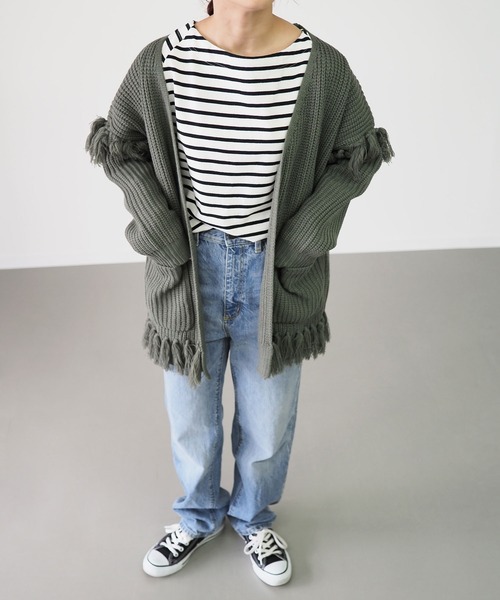 Riberry（リベリー）の「フリンジ使いカーデ（ニット/セーター・レディース・オフホワイト/ブラック/チャコールグレー/ベージュ/カーキ・MEDIUM）」の7枚目の写真