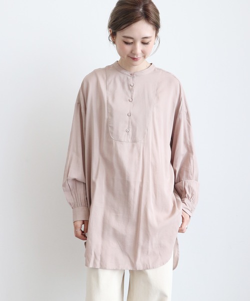 AMERICAN HOLIC（アメリカンホリック）の「シアーバンドカラーラウンドチュニック　＊（Tシャツ/カットソー・レディース・チャコールグレー/ピンク/アイボリー/グレイッシュベージュ・FREE）」の4枚目の写真