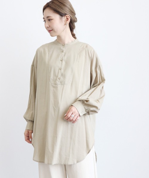 AMERICAN HOLIC（アメリカンホリック）の「シアーバンドカラーラウンドチュニック　＊（Tシャツ/カットソー・レディース・チャコールグレー/ピンク/アイボリー/グレイッシュベージュ・FREE）」の3枚目の写真