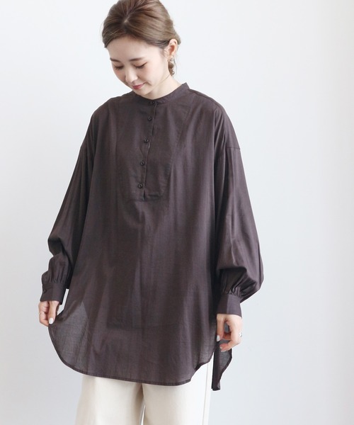 AMERICAN HOLIC（アメリカンホリック）の「シアーバンドカラーラウンドチュニック　＊（Tシャツ/カットソー・レディース・チャコールグレー/ピンク/アイボリー/グレイッシュベージュ・FREE）」の2枚目の写真