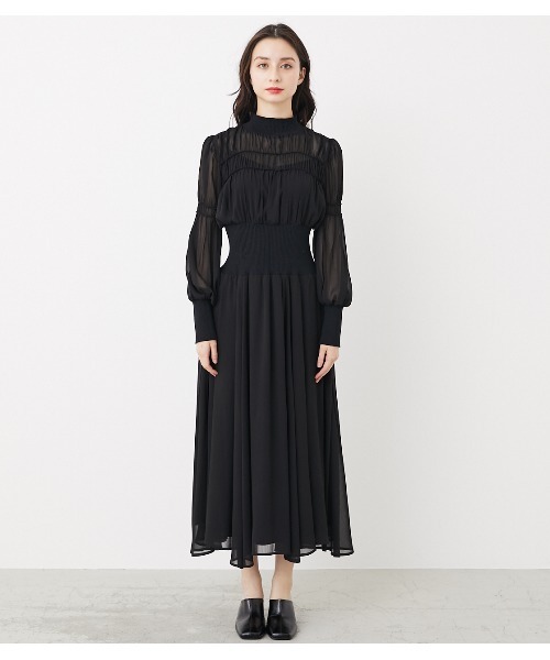 黒 シフォンワンピース ハイネック 大きいサイズ レディース レースハイネックシフォンワンピース