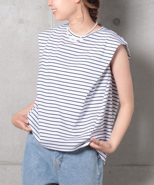 fredy repit(フレディレピ)の「【WEB限定】変形フレンチ袖Tシャツ(Tシャツ/カットソー・レディース・ブラック/オフホワイト/グレイッシュブルー/ホワイト系その他4/ブルー系その他3・38)」の1枚目の写真