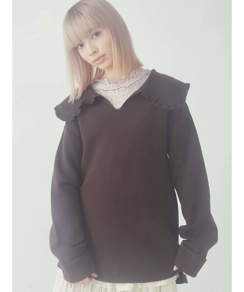 merry jenny（メリージェニー）の「ルーズルーズフリルカラーニット（ニット/セーター・レディース・ブラック/ブラウン/オフホワイト・FREE）」の5枚目の写真