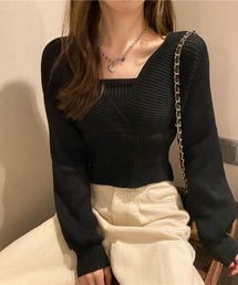 ACT | バックリボン ボリュームスリーブ リブニット フェイクレイヤードニットカットソー(ニット/セーター)