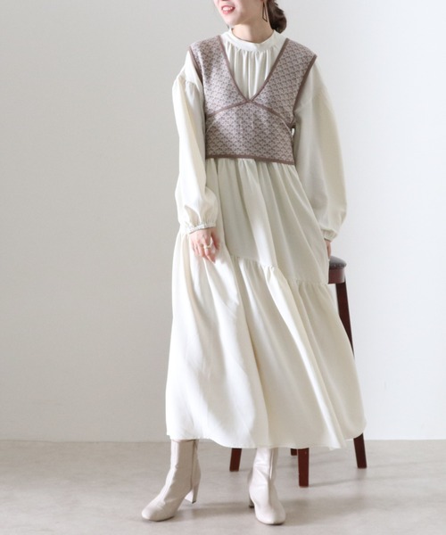 Cheek(チーク)の「ジャガードビスチェSETギャザーワンピース(ワンピース・レディース・アイボリー/ブラック/キャメル・FREE)」の5枚目の写真