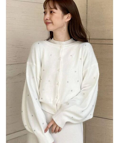 MERCURYDUO（マーキュリーデュオ）の「ビジュー付ニットカーディガン（カーディガン/ボレロ・レディース・ダークブラウン/オフホワイト/ベビーピンク・FREE）」の2枚目の写真