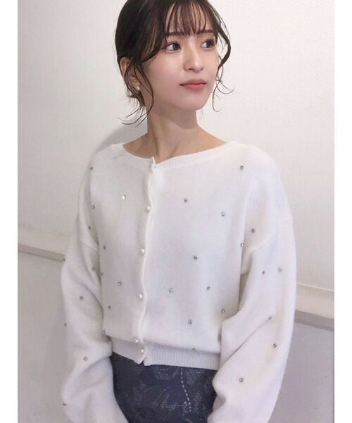 MERCURYDUO（マーキュリーデュオ）の「ビジュー付ニットカーディガン（カーディガン/ボレロ・レディース・ダークブラウン/オフホワイト/ベビーピンク・FREE）」の6枚目の写真
